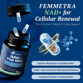 Femmetra NAD+ Compléments avec ingrédients clés sur une table