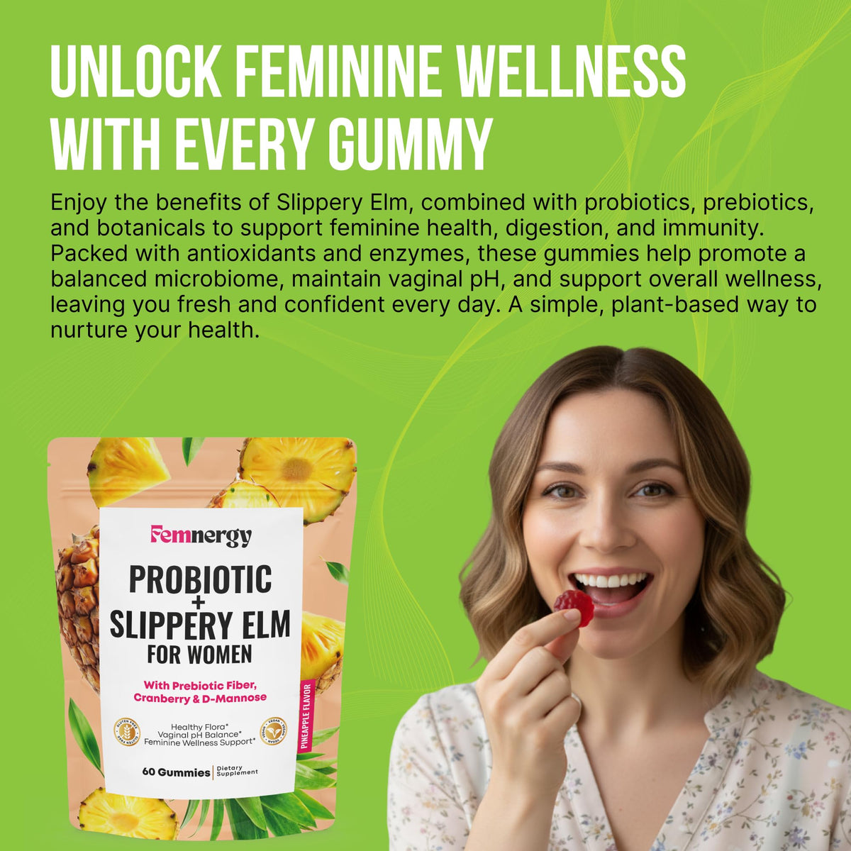 Femnergy Gummies Probiotiques Slippery Elm côté du paquet