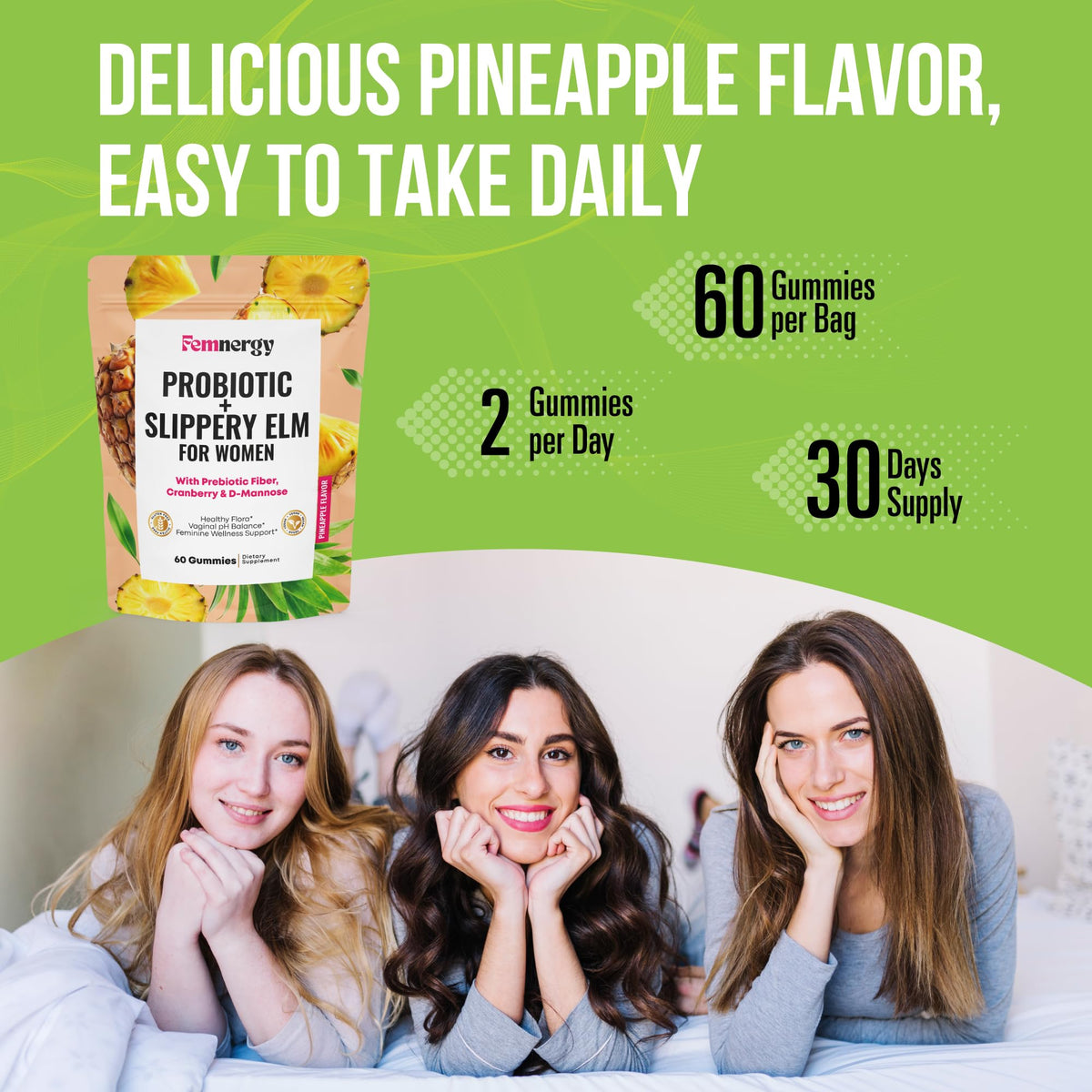 Femnergy Gummies Probiotiques Slippery Elm ingrédients sur l'emballage