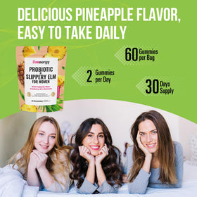 Femnergy Gummies Probiotiques Slippery Elm ingrédients sur l'emballage