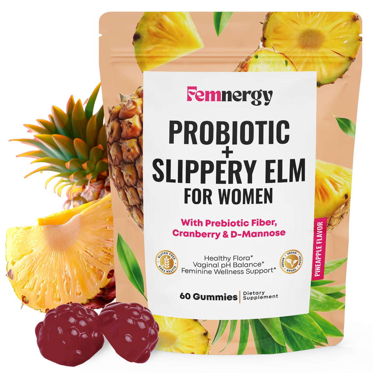Femnergy Gummies Probiotiques Slippery Elm paquet avant avec 60 gummies