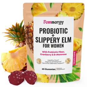 Femnergy Gummies Probiotiques Slippery Elm paquet avant avec 60 gummies