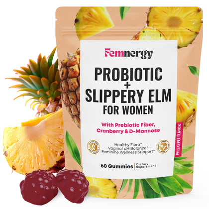 Femnergy Gummies Probiotiques Slippery Elm paquet avant avec 60 gummies