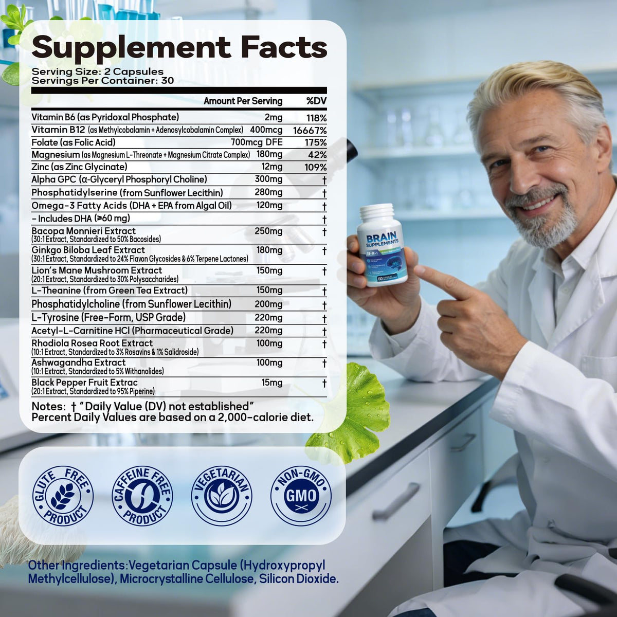 Fenolutra capsules nootropiques 18-en-1, vue arrière avec ingrédients