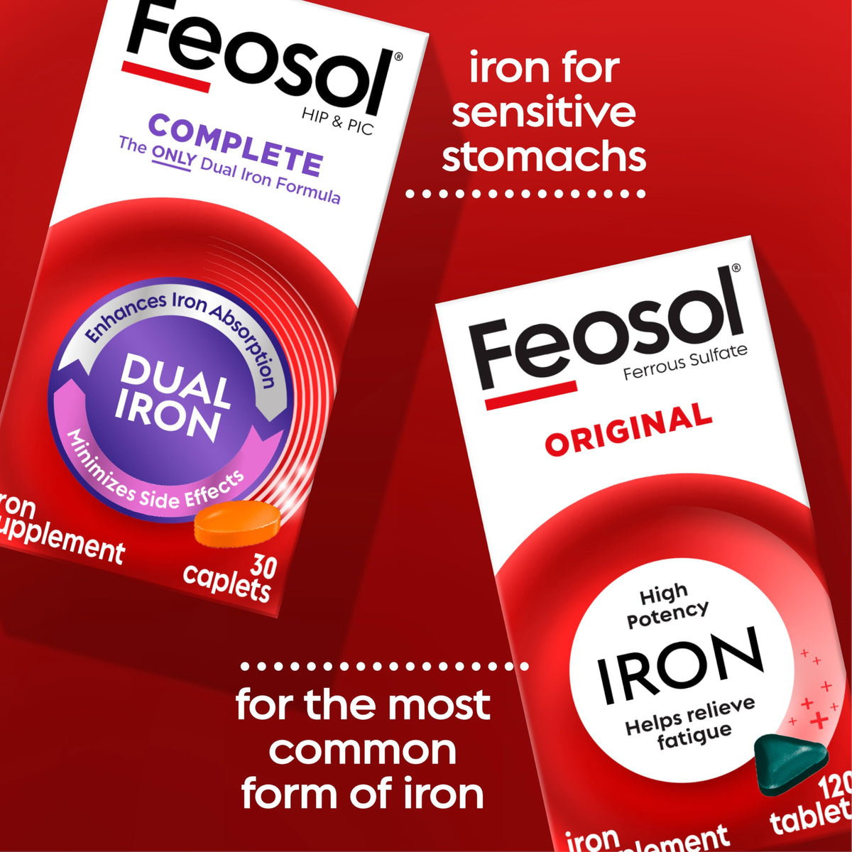 Feosol Complément Alimentaire Fer, comprimés sur fond blanc