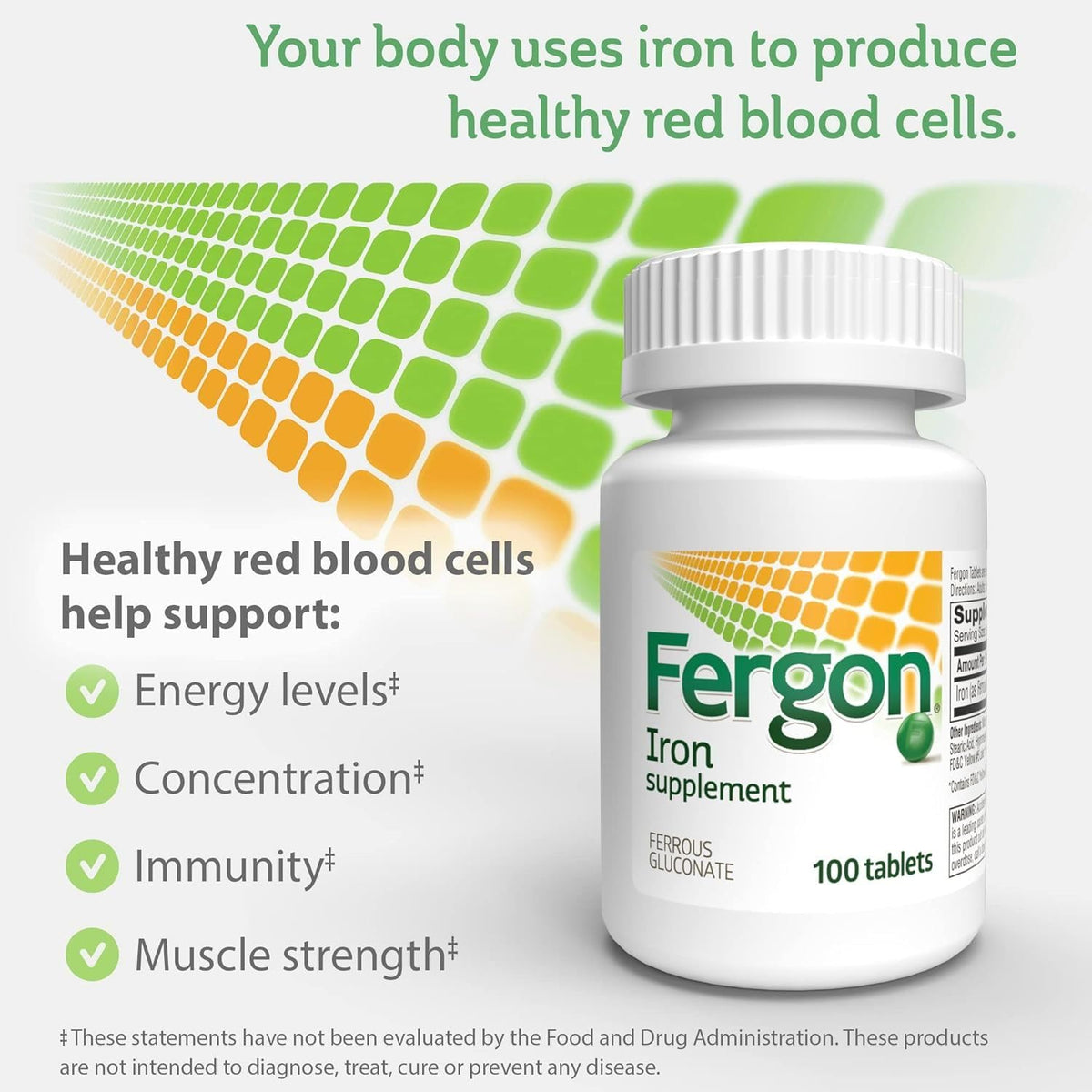 Fergon Fer Gluconate 27 mg comprimés avec des ingrédients