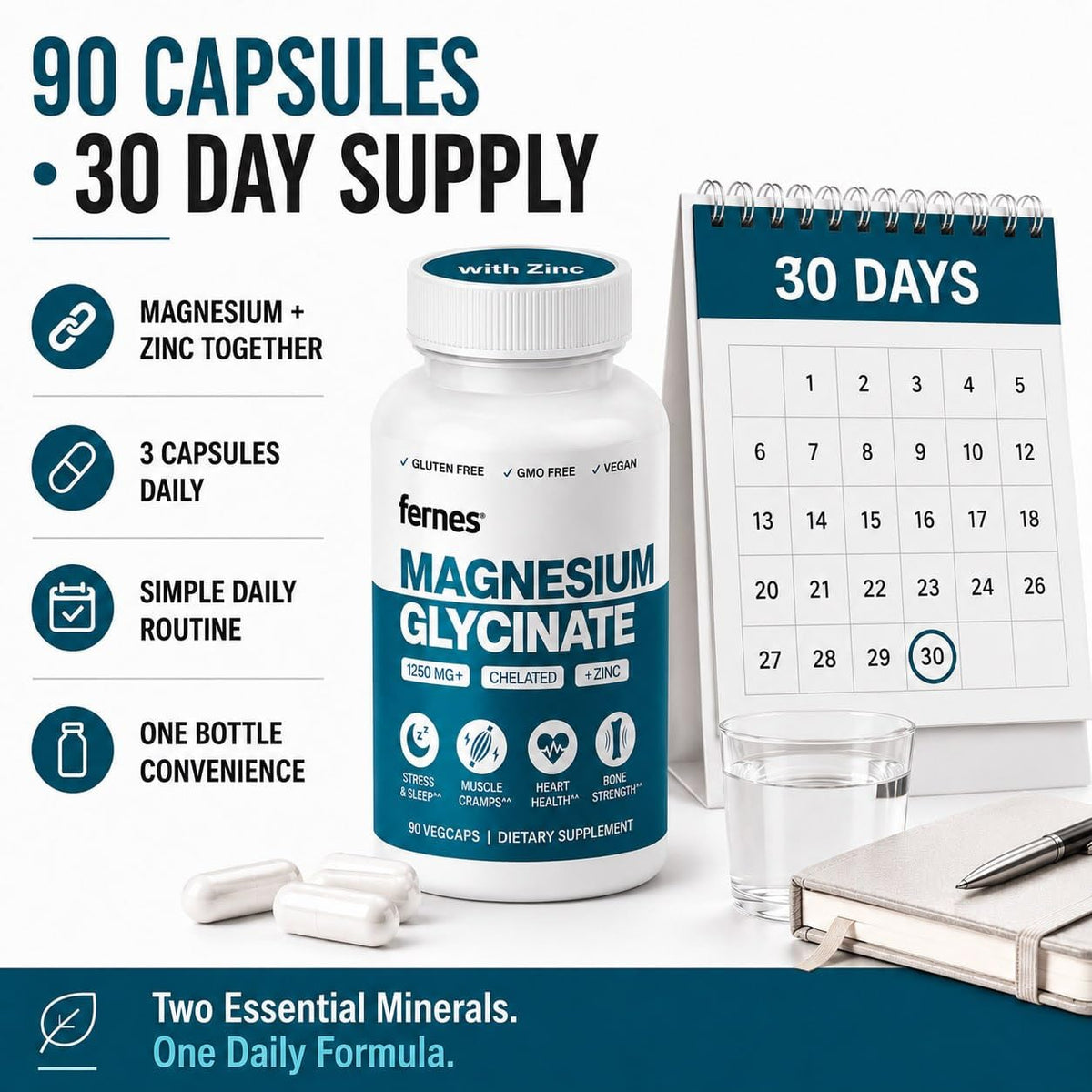 Fernes Magnésium Glycinate avec Zinc, capsules sur un fond neutre