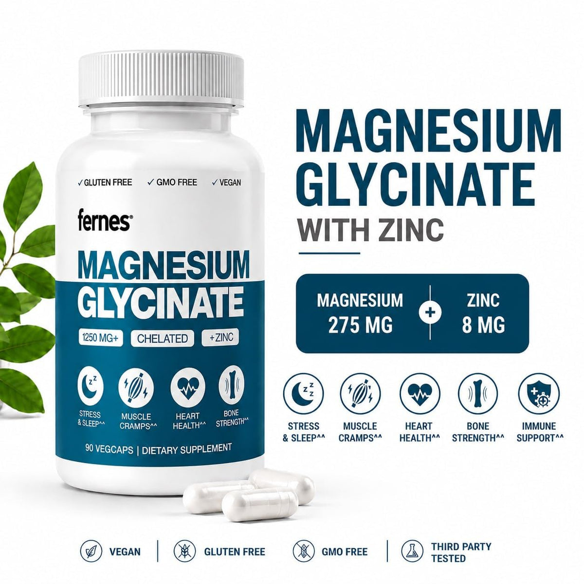Fernes Magnésium Glycinate avec Zinc, capsules sur une surface blanche