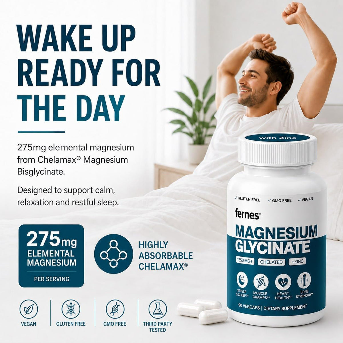 Fernes Magnésium Glycinate avec Zinc, flacon ouvert avec capsules