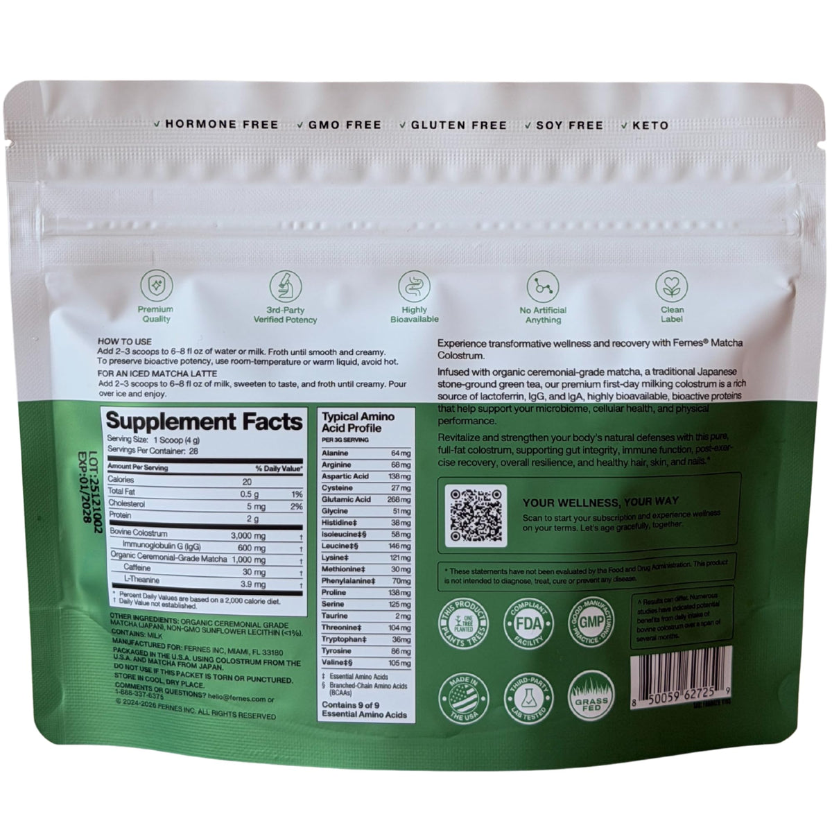 Fernes Poudre de Colostrum Matcha 109 g, emballage et informations nutritionnelles