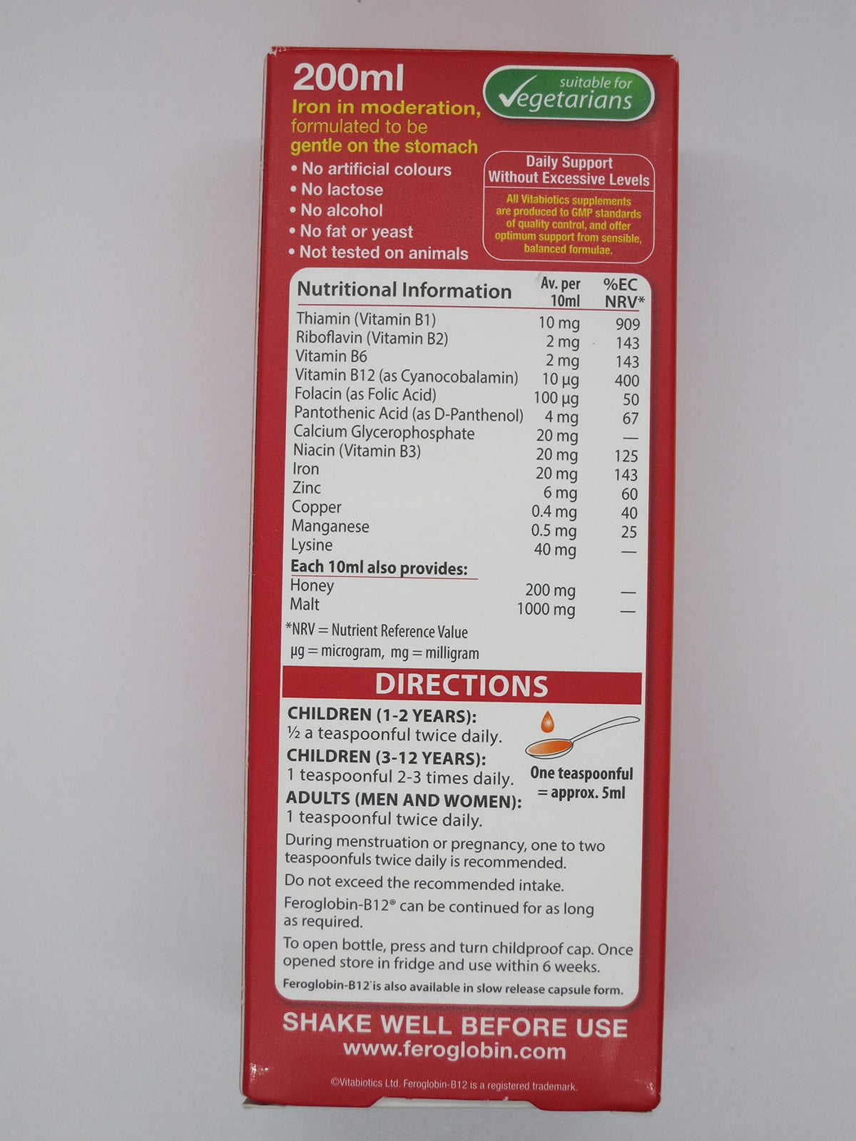 Feroglobin Vitabiotics 200ml bouteille ouverte montrant le liquide
