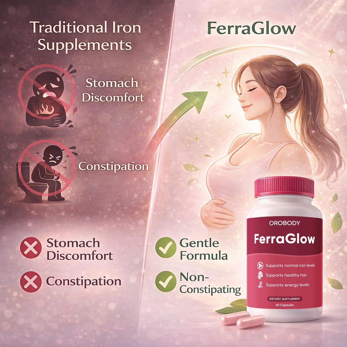 FERRAGLOW Complément Alimentaire Fer Bisglycinate 60 Capsules ouverte montrant les capsules