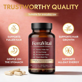 FerraVital Fer Glycinate capsules avec des ingrédients naturels en arrière-plan