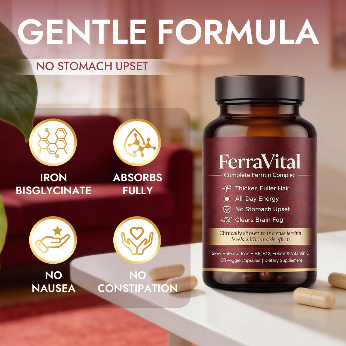 FerraVital Fer Glycinate capsules sur une surface blanche