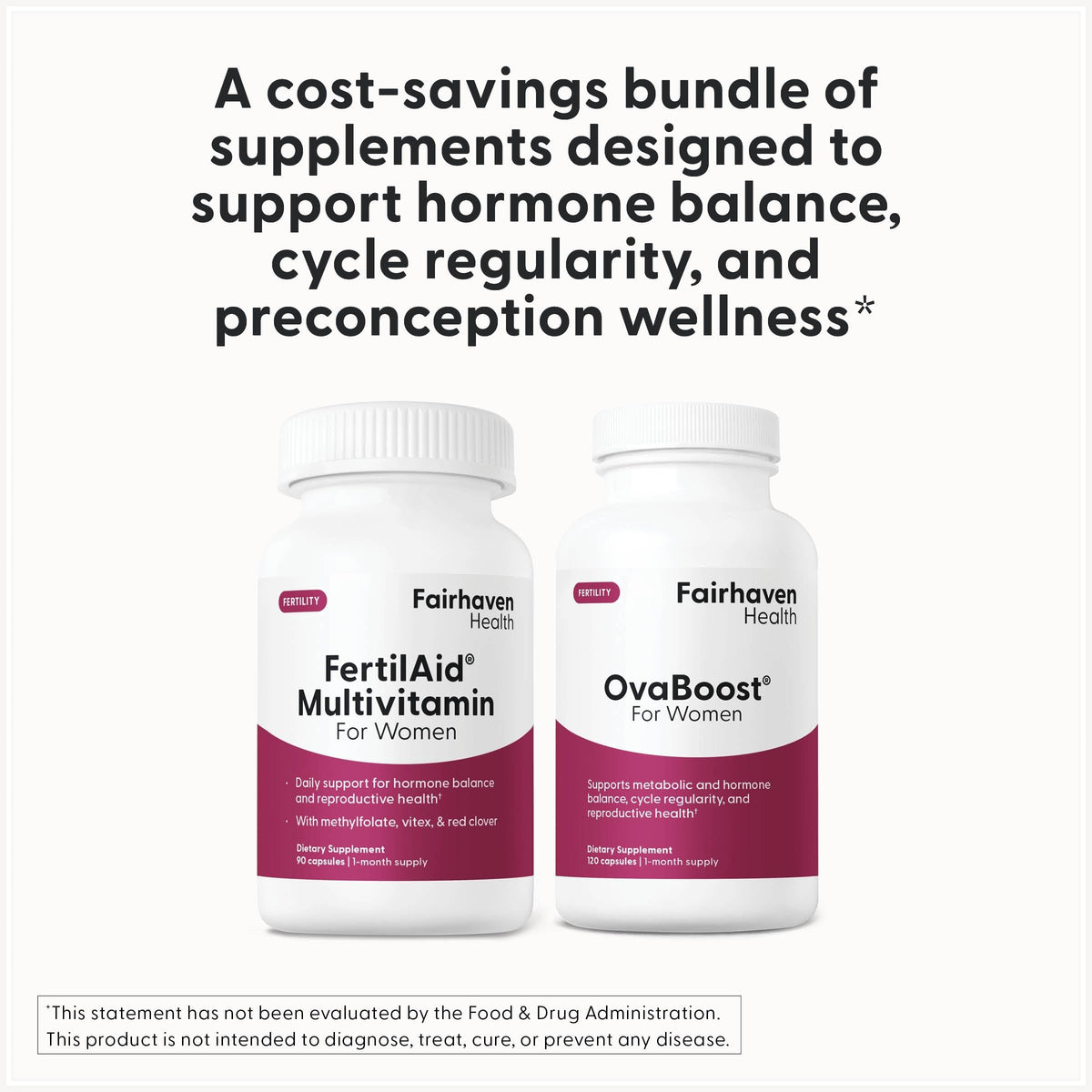 FertilAid pour Femmes et Ovaboost sur un comptoir avec des fleurs