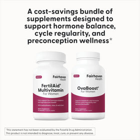 FertilAid pour Femmes et Ovaboost sur un comptoir avec des fleurs