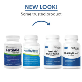 FertilAid pour Hommes et MotilityBoost, flacon avec étiquette détaillée