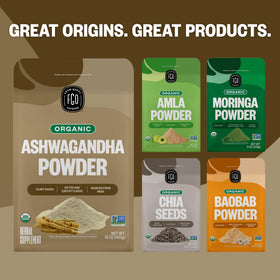 FGO Poudre d'ashwagandha bio 481g avec un sachet ouvert