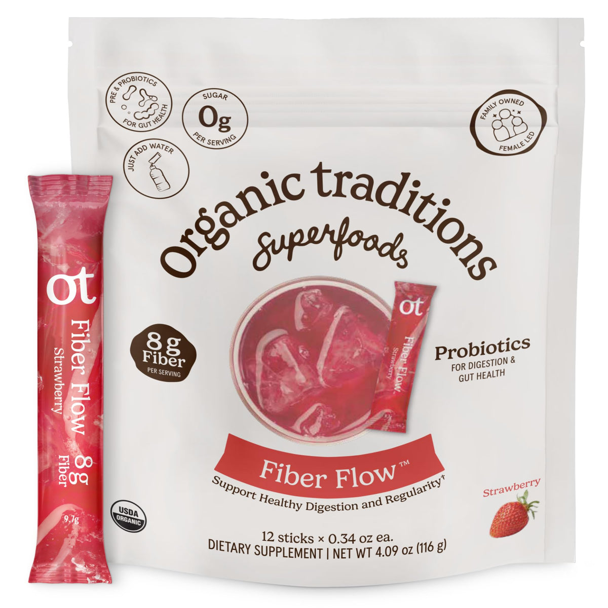 Fiber Flow Sticks Fraise d'Organic Traditions, vue de face