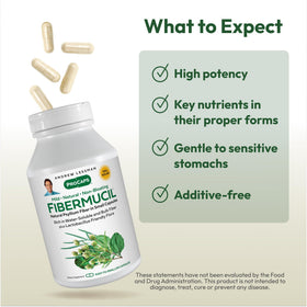 Fibermucil Psyllium Husk capsules on a white background