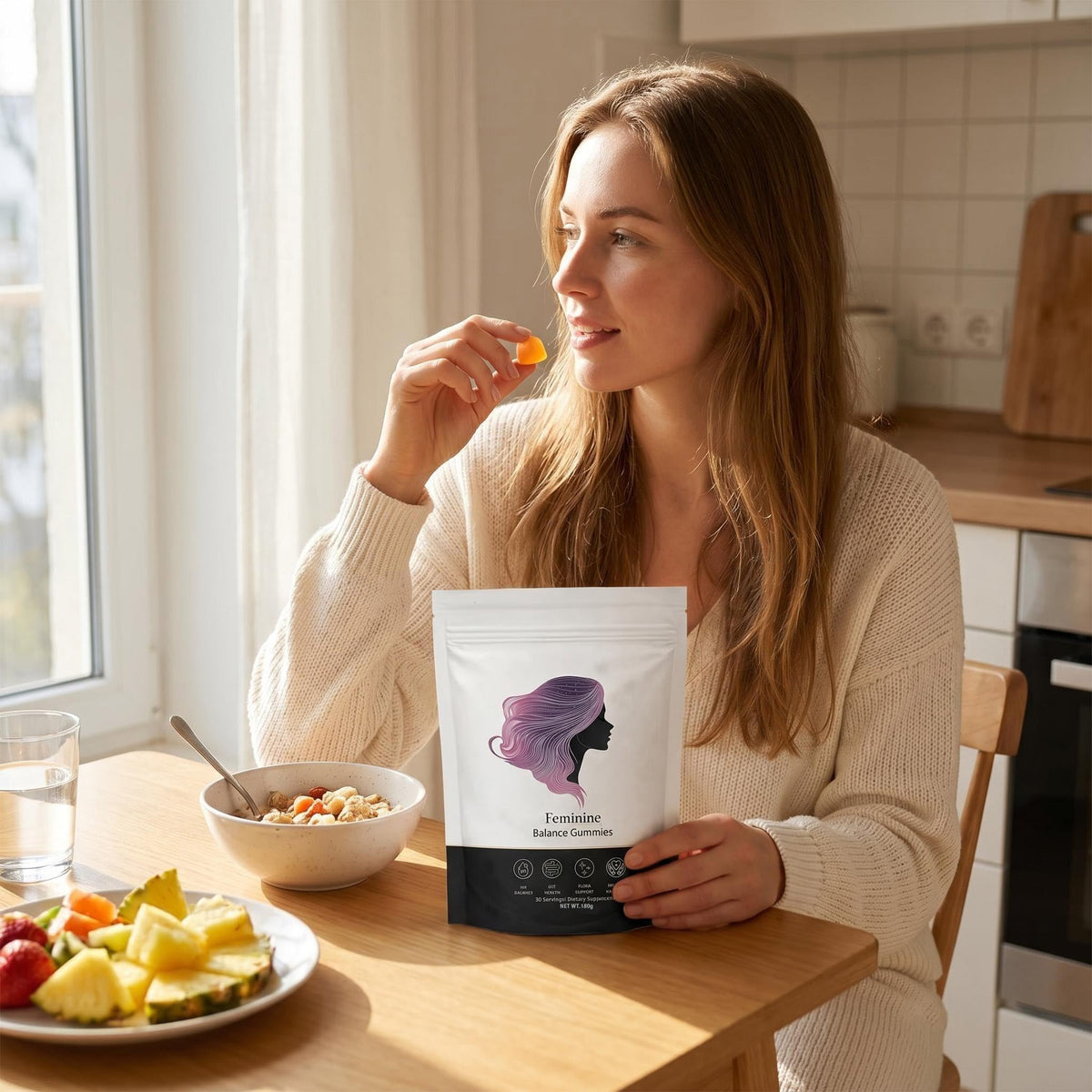 Fibetrue gummies probiotiques femme gummies ananas sur une table