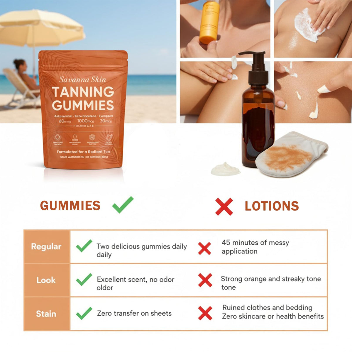 Fibosara Gummies de Bronzage Savanna, gummies sur une surface en bois
