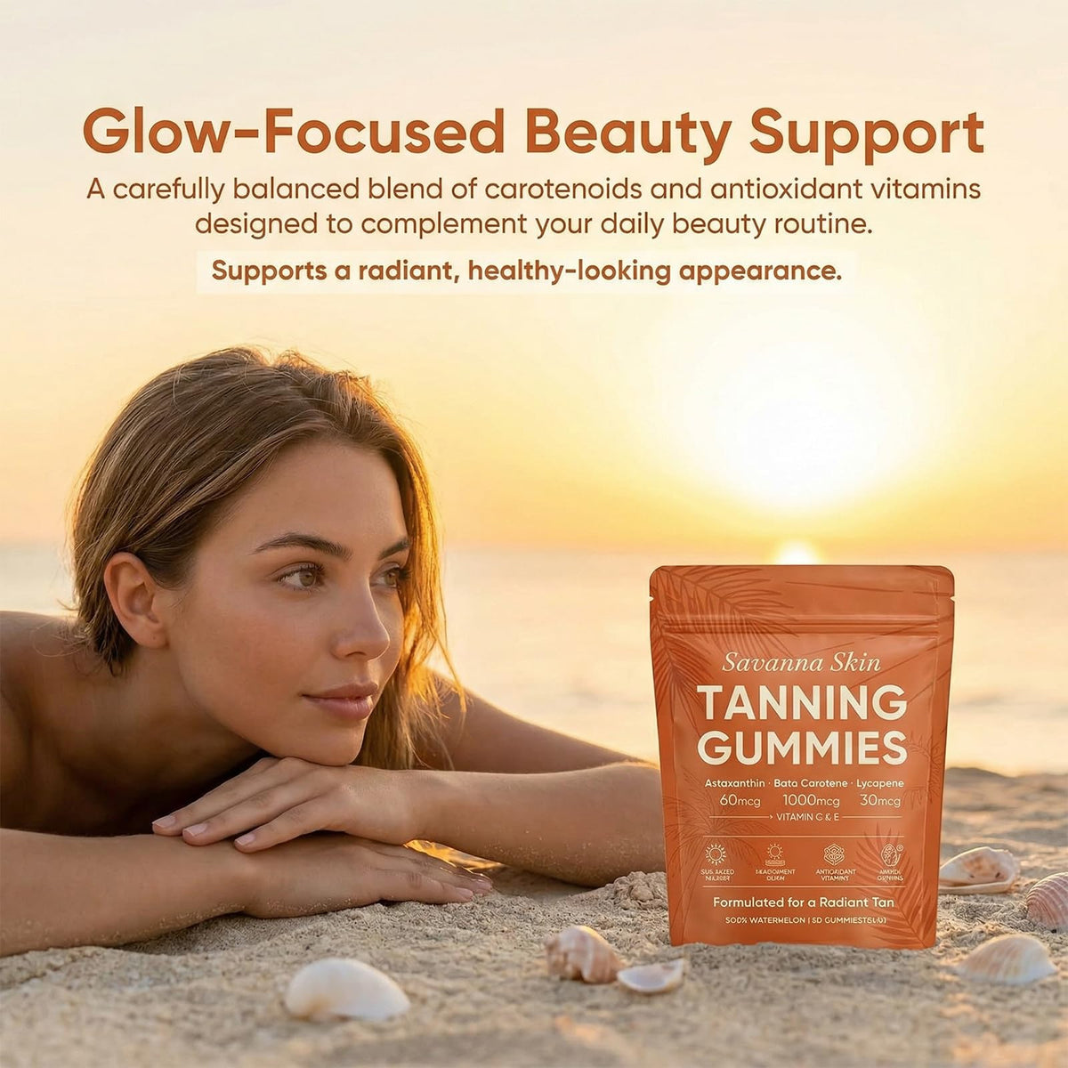Fibosara Gummies de Bronzage Savanna, présentation des gummies à l'intérieur