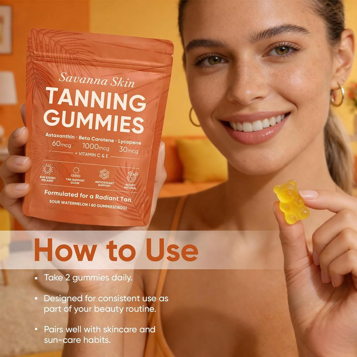 Fibosara Gummies de Bronzage Savanna, vue de l'emballage avec les informations nutritionnelles