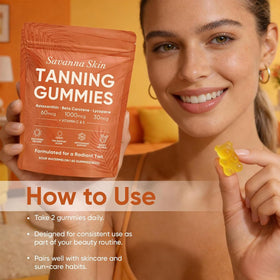 Fibosara Gummies de Bronzage Savanna, vue de l'emballage avec les informations nutritionnelles