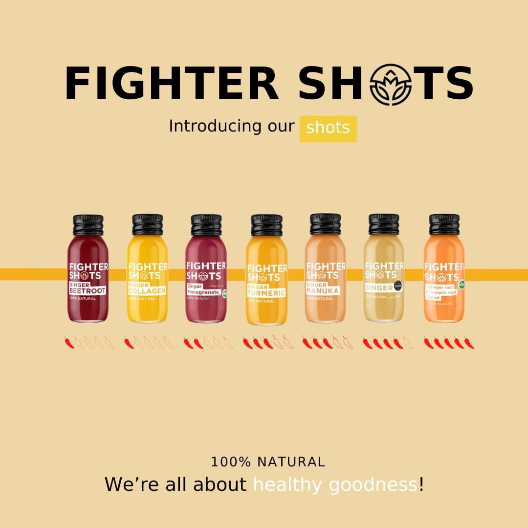 Fighter Shots Ginger 12 Pack sur une table en bois