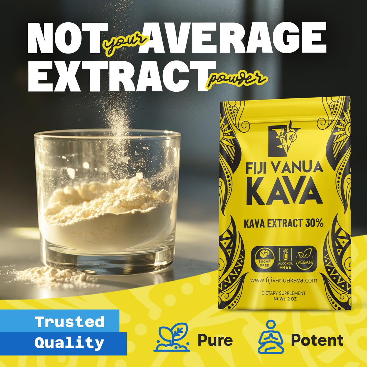 Fiji Vanua Kava 30% kavalactones, présentation du produit sur fond neutre