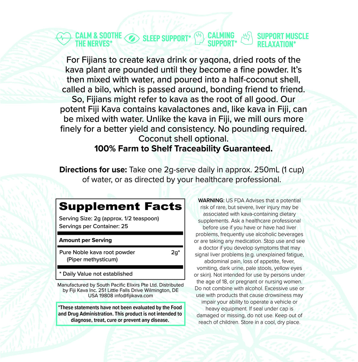 FijiKava Poudre de Kava Micronisée Instantanée 50g, emballage