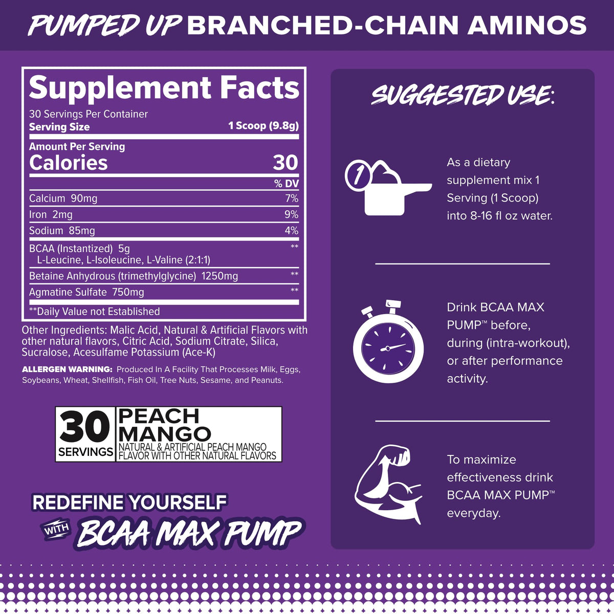 FINAFLEX BCAA MAX PUMP Pêche Mangue 395g étiquette et ingrédients