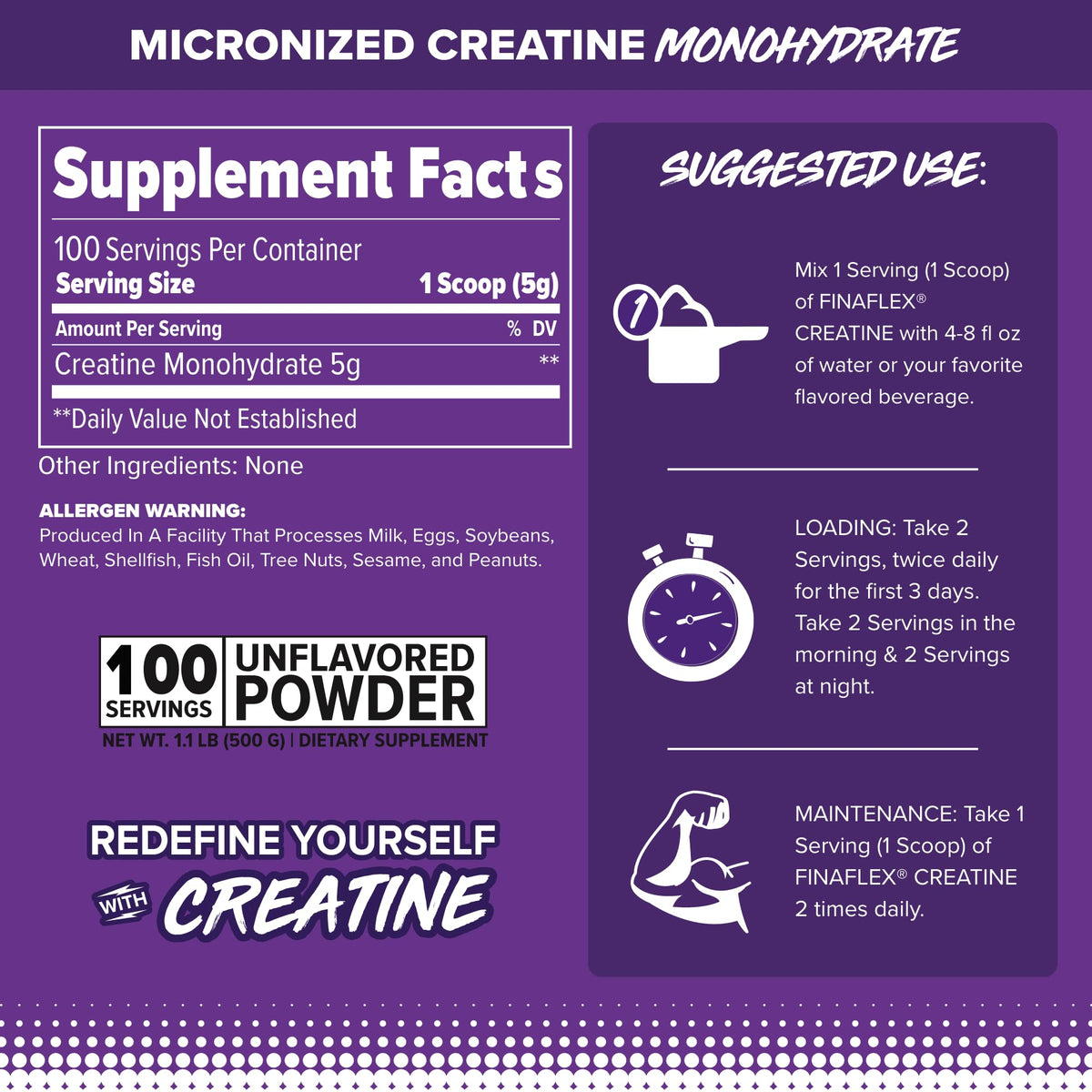 FINAFLEX Pure Creatine Monohydrate 500g - vue arrière avec informations nutritionnelles