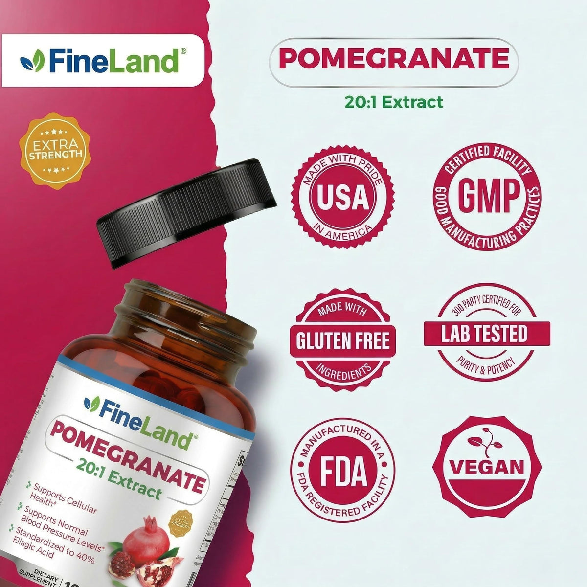 FineLand Extrait de Grenade 120 capsules sur une surface blanche