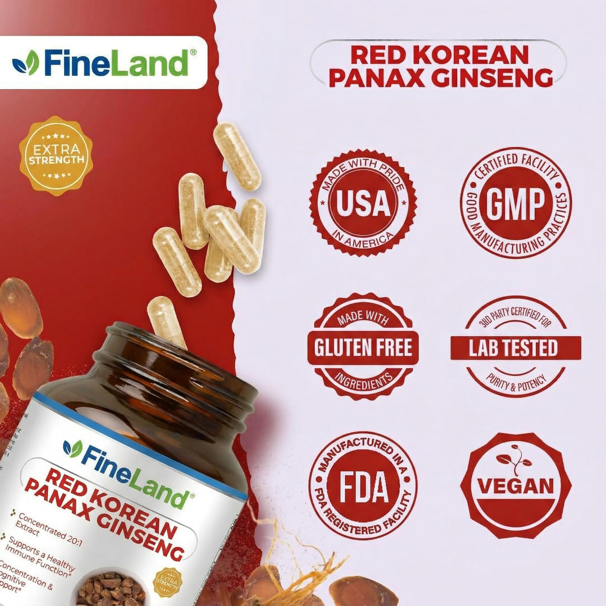 FineLand Ginseng Coréen Rouge Panax 120 capsules végétales avec flacon