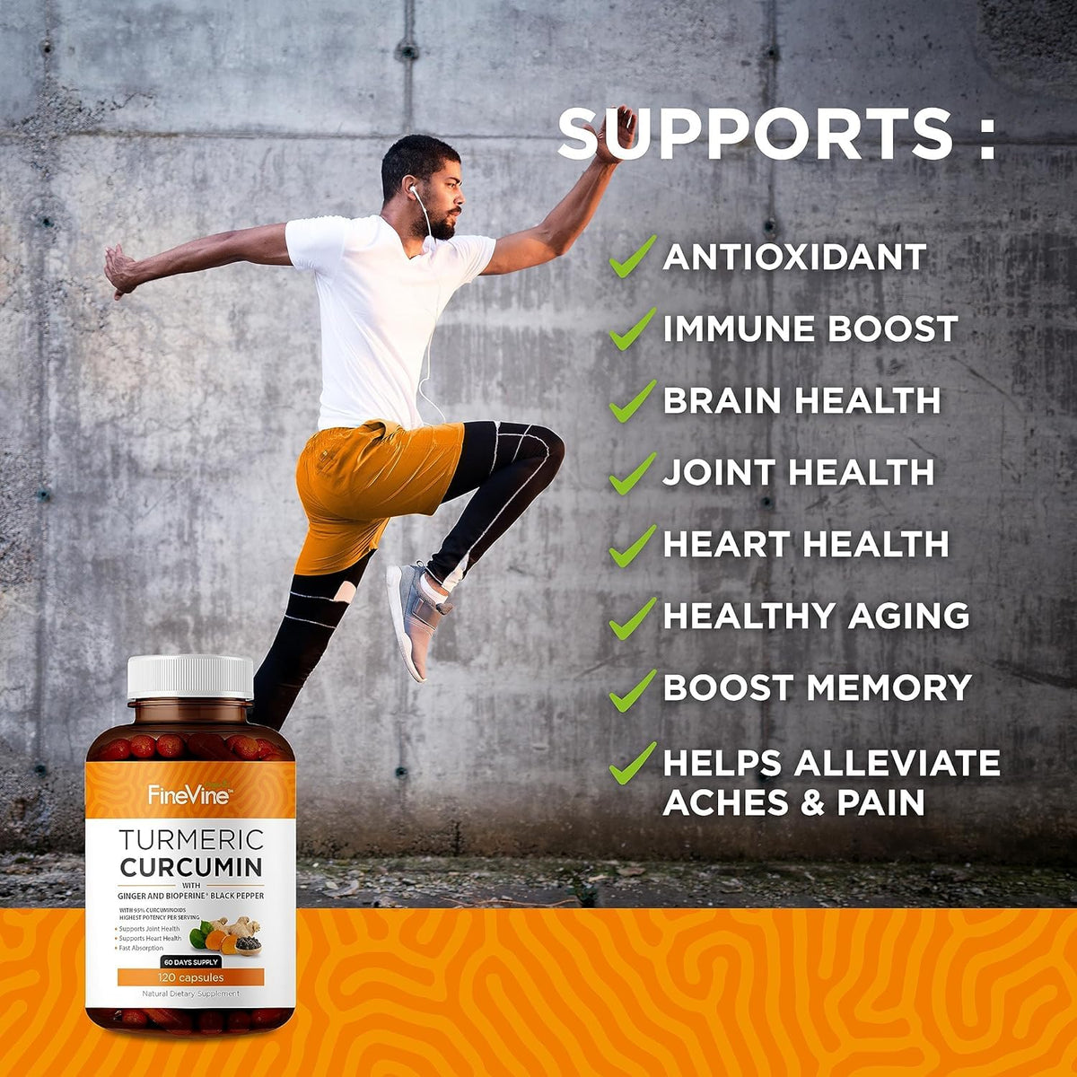 FineVine Organics Complément Alimentaire Curcuma - capsules sur une surface