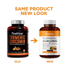 FineVine Organics Curcuma Curcumin 120 capsules végétariennes sur fond blanc