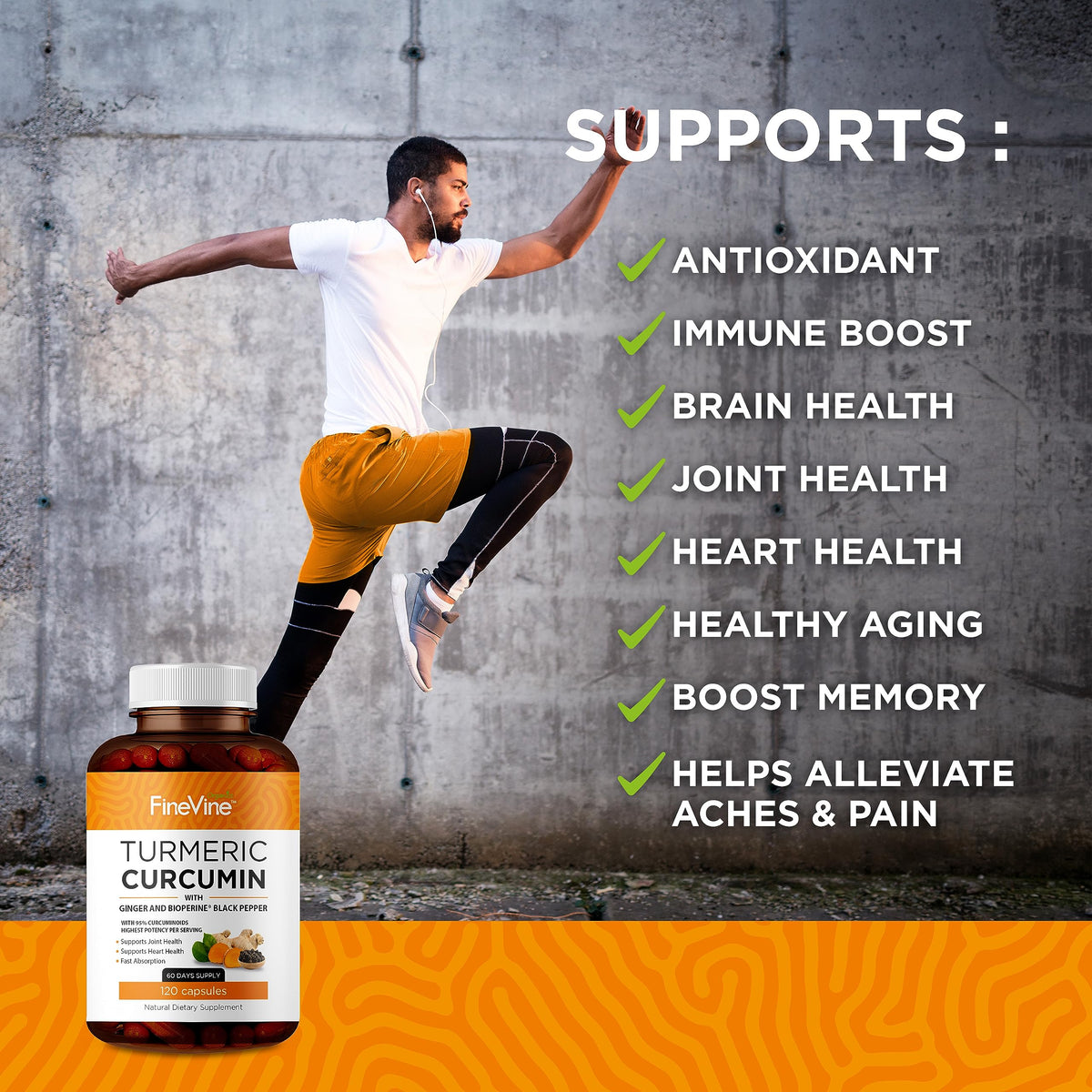 FineVine Organics Curcuma Curcumin 120 capsules végétariennes vue de côté