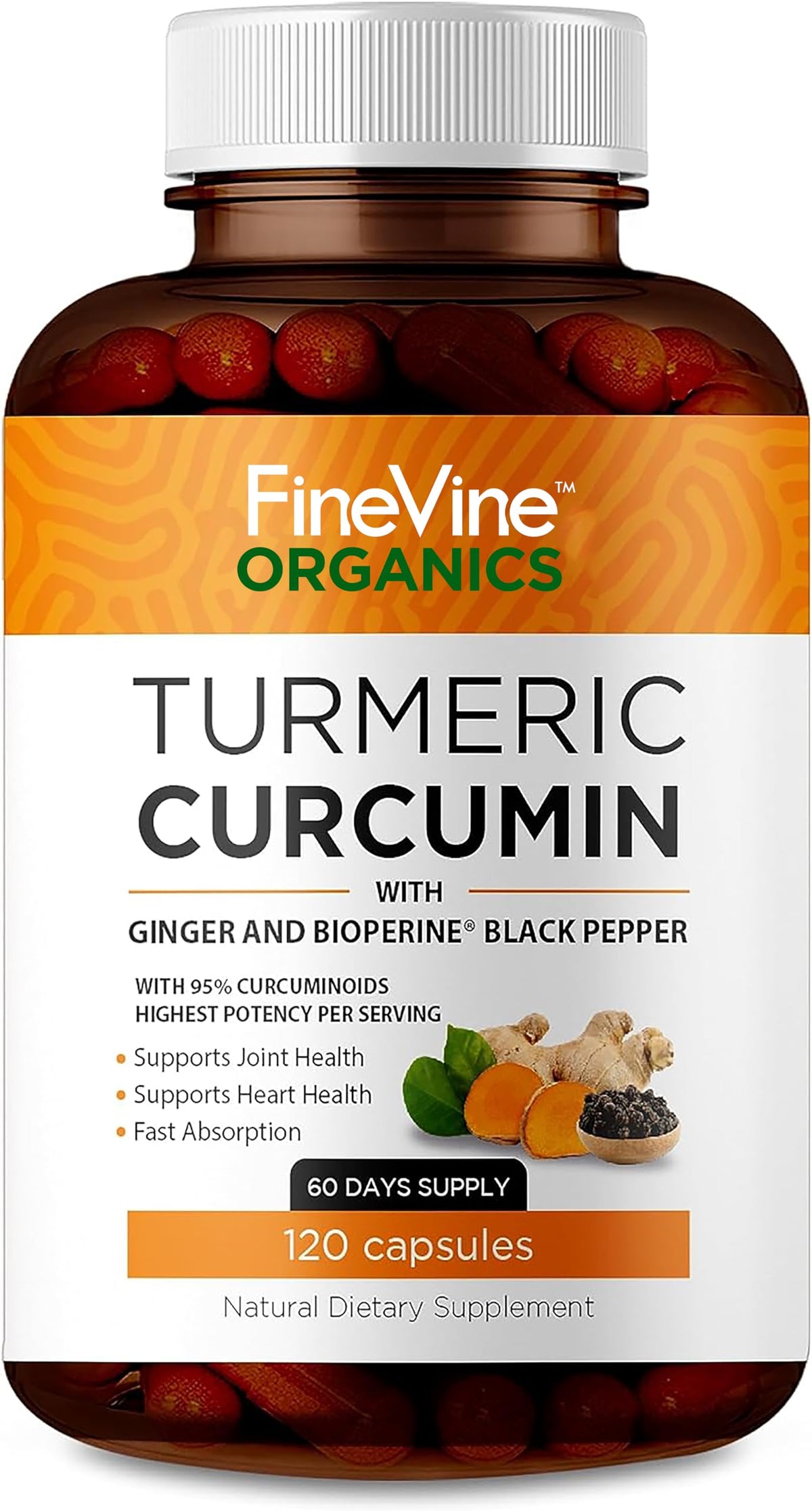 FineVine Organics Curcuma Curcumin 120 capsules végétariennes vue de face