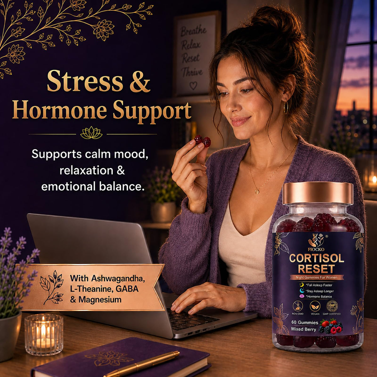 fiocko Gummies Cortisol Femmes 60 unités bouteille ouverte