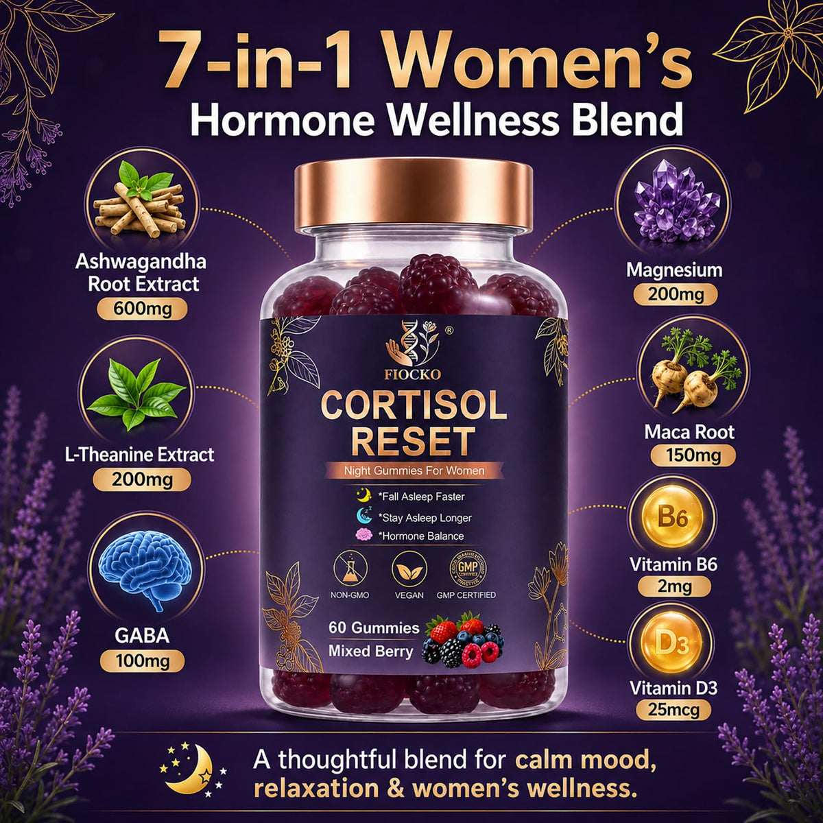 fiocko Gummies Cortisol Femmes 60 unités étiquette de près