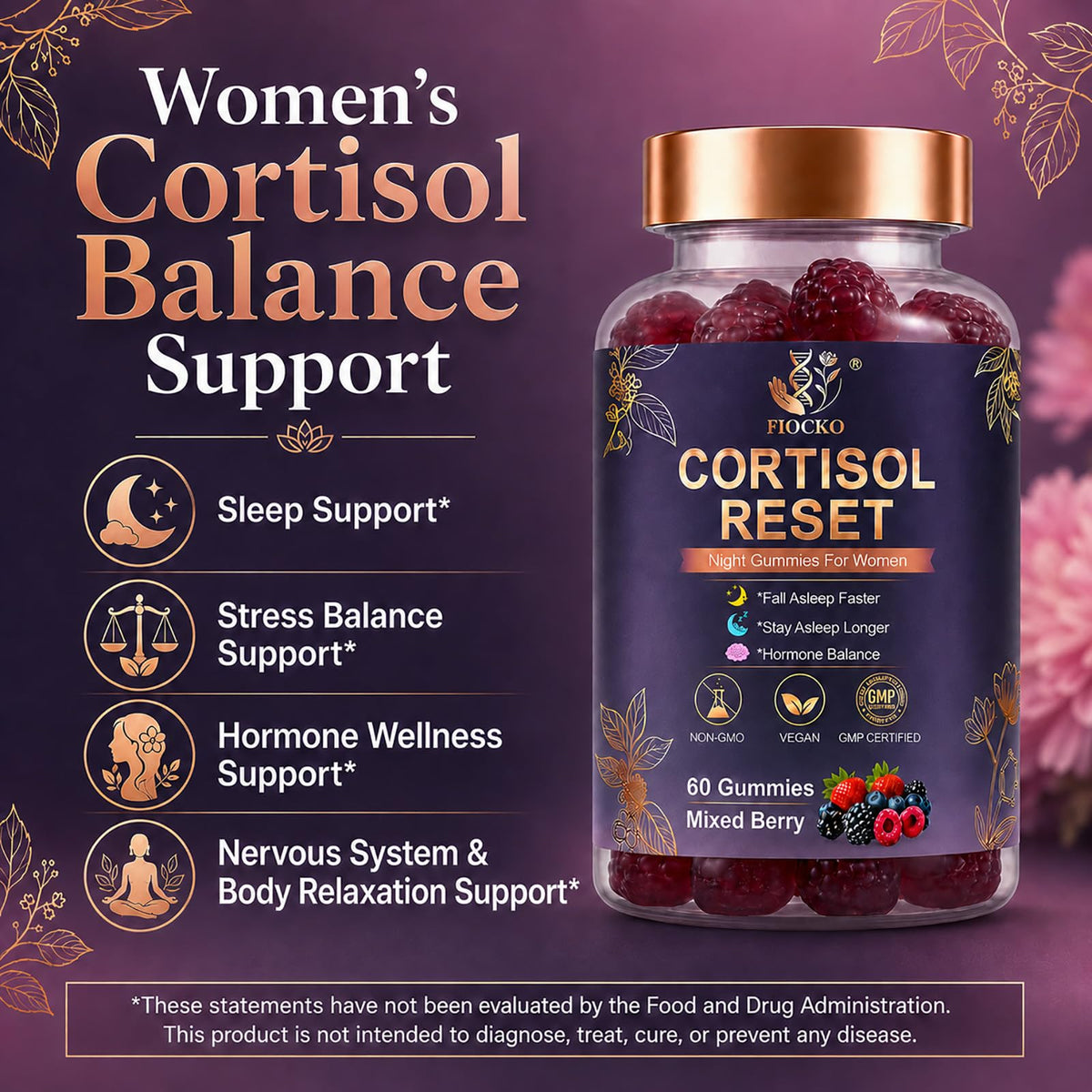 fiocko Gummies Cortisol Femmes 60 unités gummies sur une table