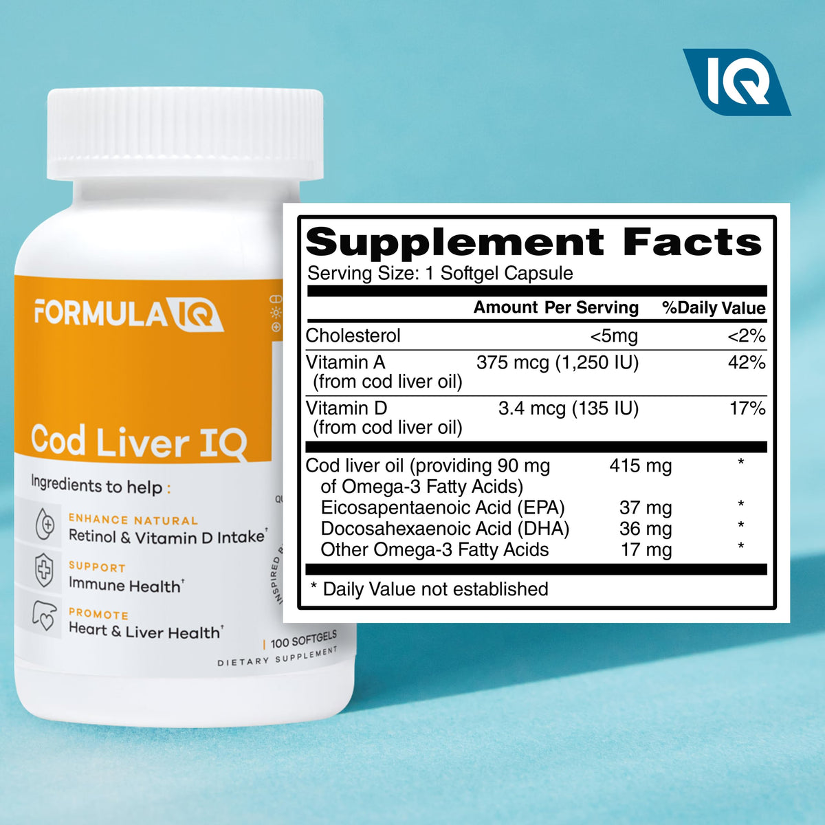 FIQ Cod Liver IQ gélules d'huile de foie de morue sur un fond blanc