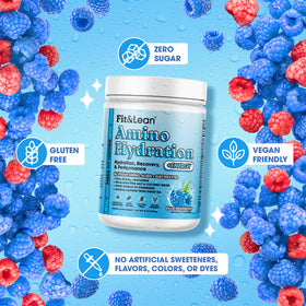 Fit & Lean Amino Hydration + Energy Pré-Workout sur une table de gym