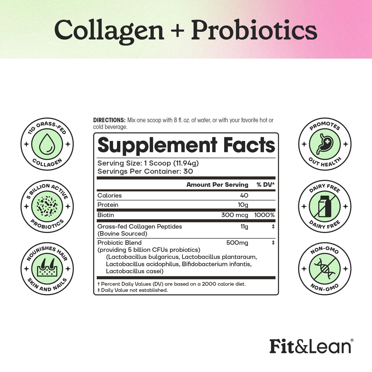 Fit & Lean Collagen + Probiotics Poudre 30 Serv. vue de côté