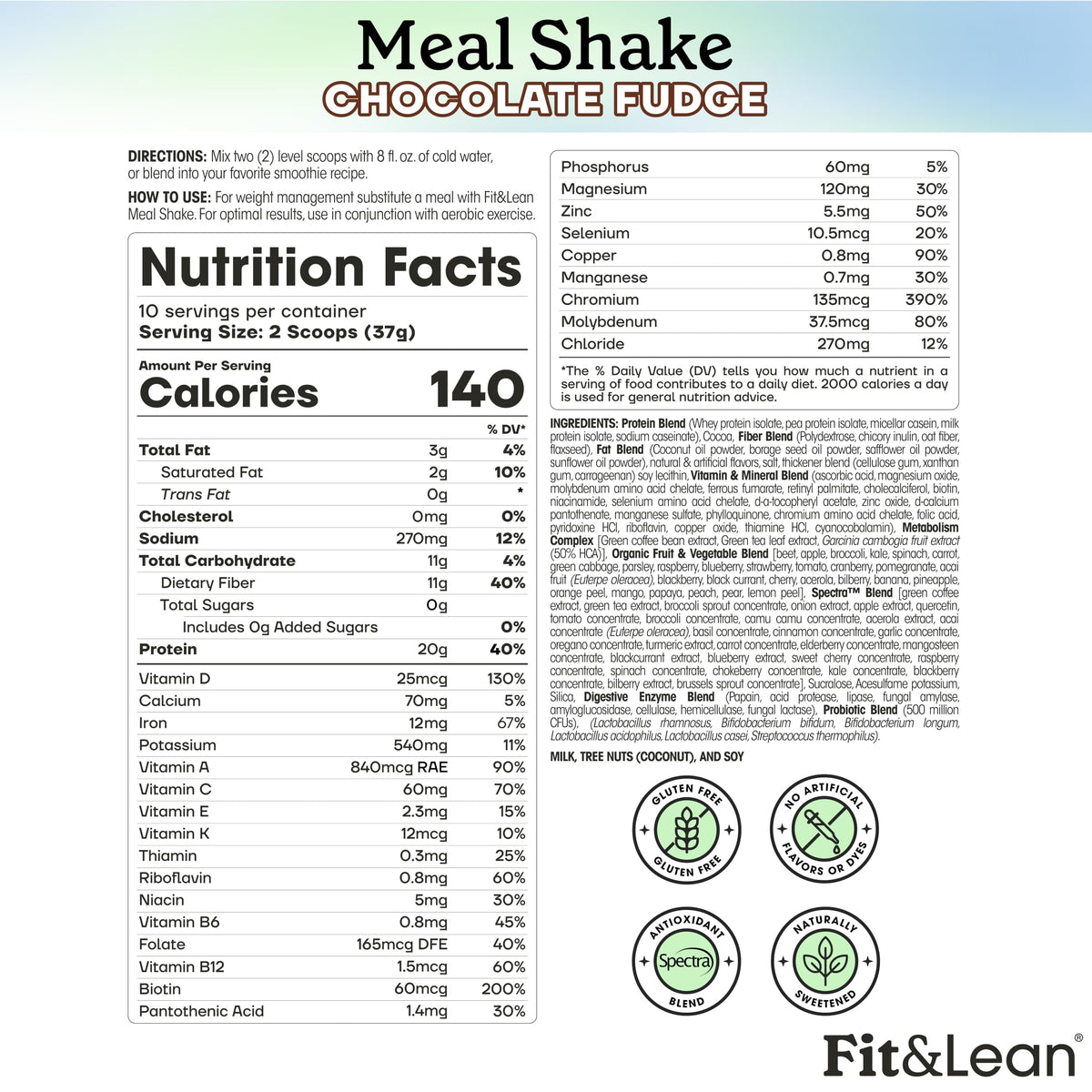 Fit & Lean Shake de remplacement de repas Chocolat avec ingrédients naturels