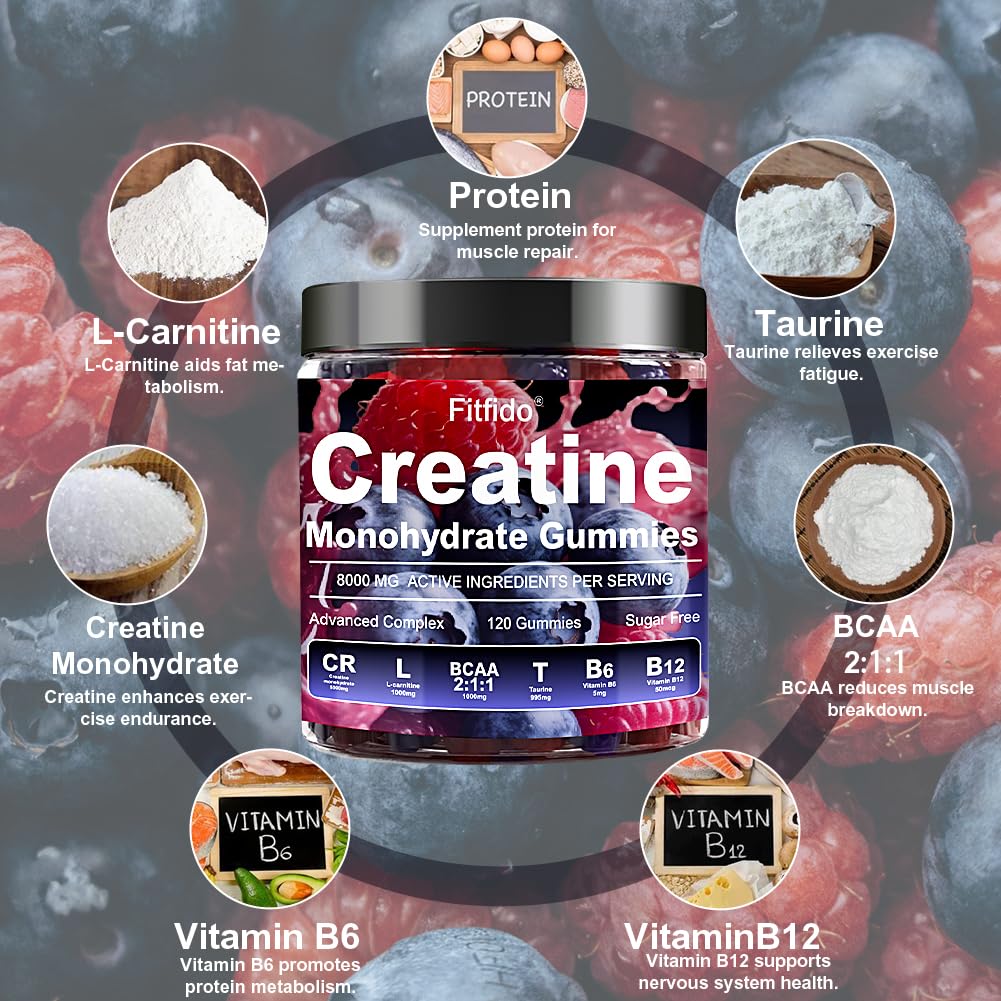 Fitfido Gummies de Créatine Monohydrate à saveur de framboise et mûre
