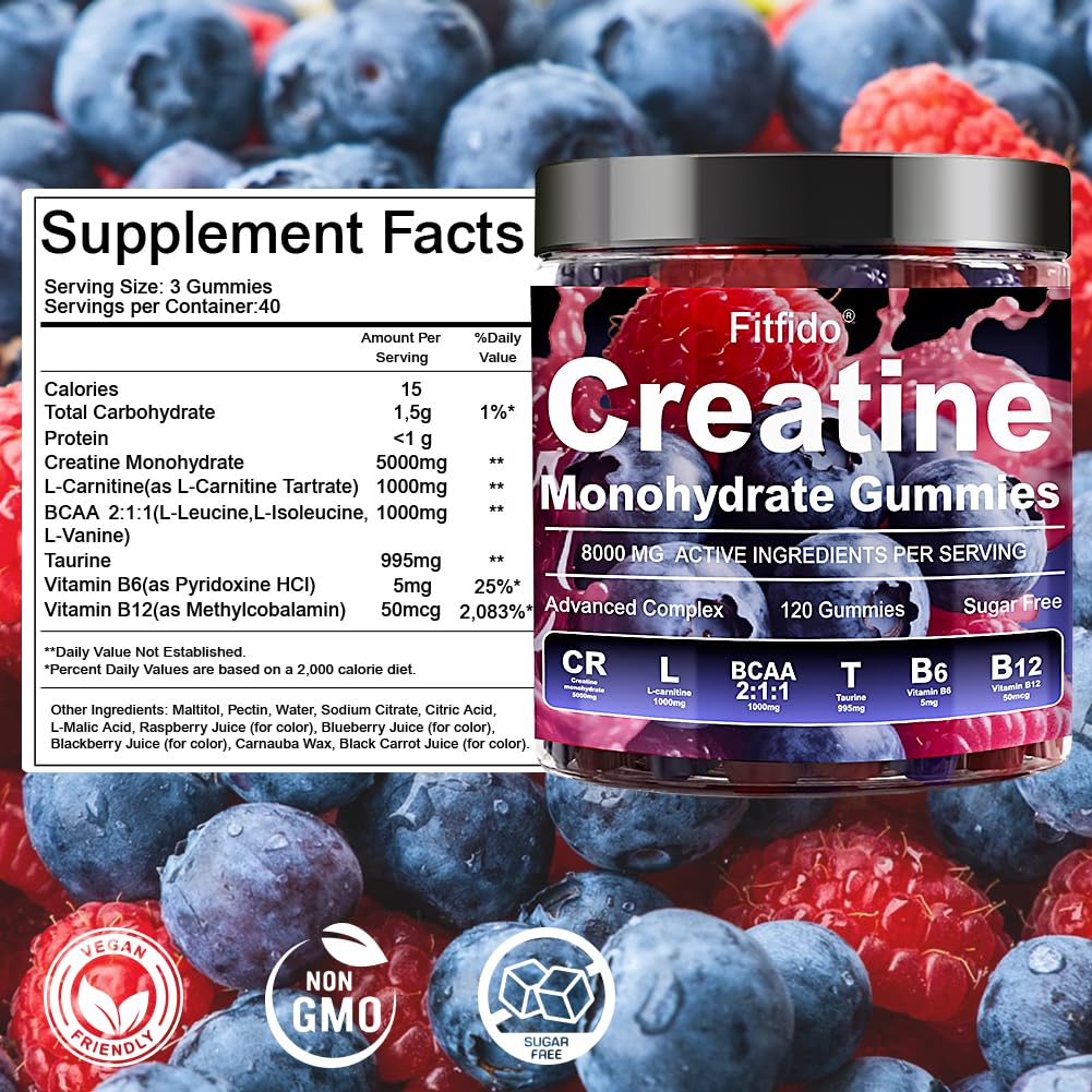 Fitfido Gummies de Créatine Monohydrate avec L-Carnitine en gros plan