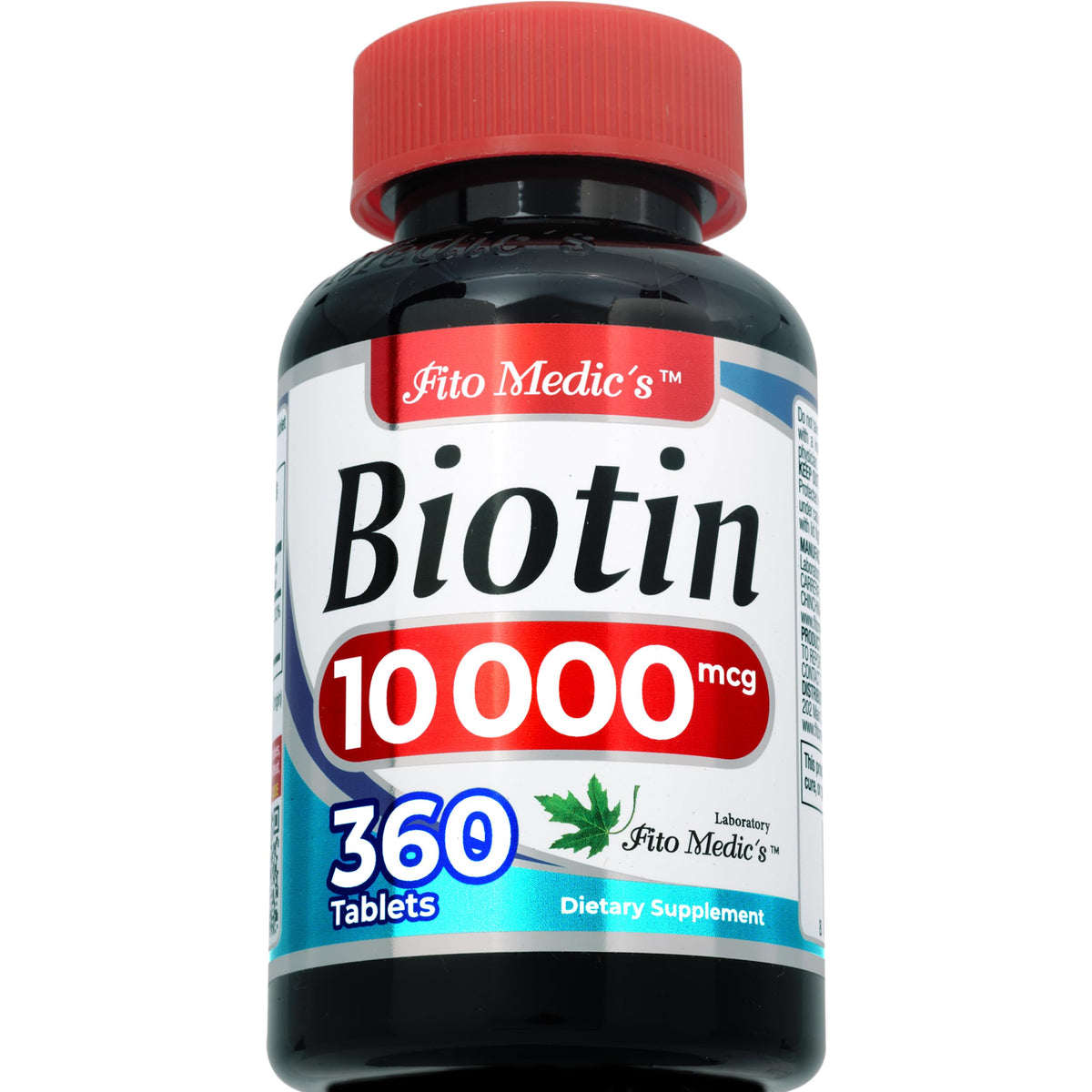 FITO MEDIC'S Biotine 10000mcg bouteille ouverte montrant les tablettes